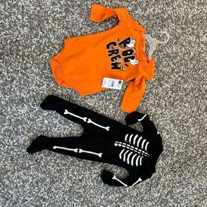 Orange Boo 12-18 Crew Onesie and 3-6mo Black Skeleton Pants Set